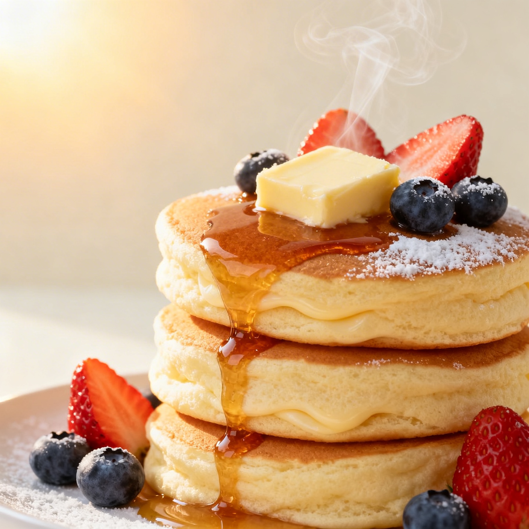 Stack of fluffy Japanese soufflé pancakes
